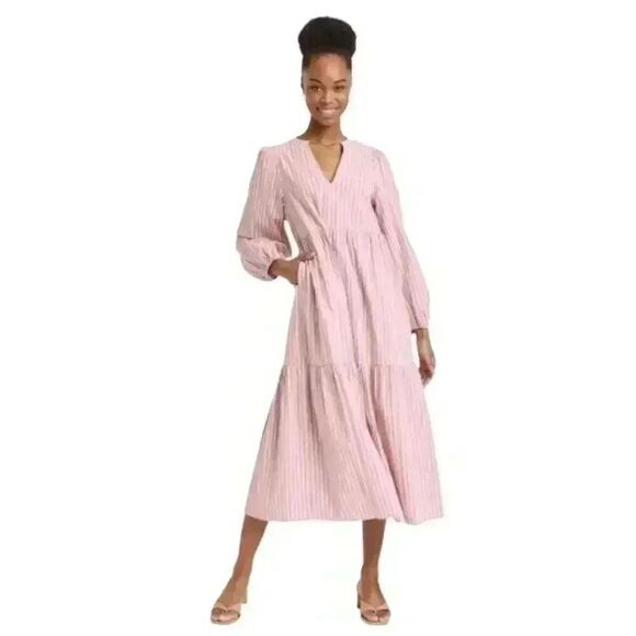 A New Day Women's Pink Striped Cotton/Modal/Spandex V-Neck Dress w Pockets - Picture 1 of 14